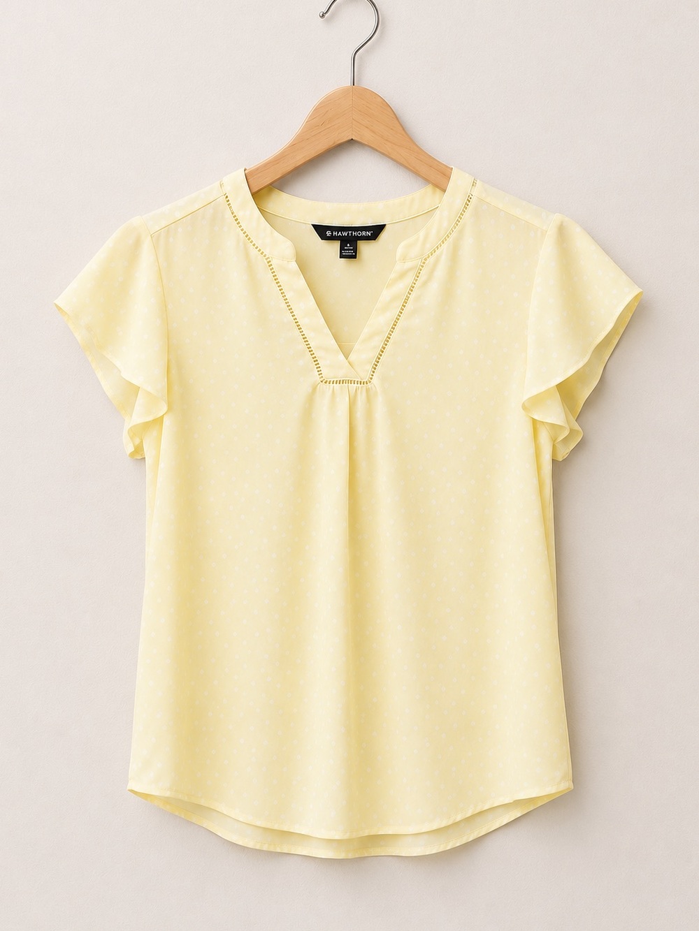 41 Hawthorne Pale Yellow With Faint White Polka Dot Flutter-Sleeve V-Neck Blouse